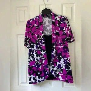 Elementz Women's White / Black and Purple Floral Short Sleeve Cardigan Blouse 2X